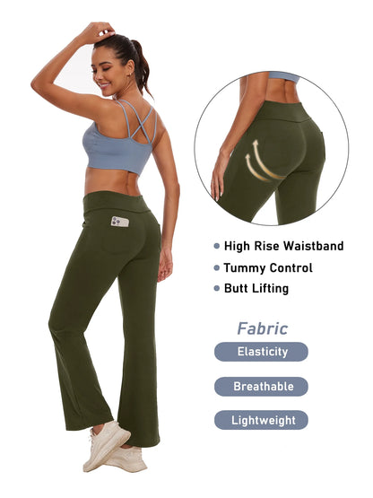Womens Bootcut Yoga Pants Flare Legging with Pockets High Waist Lightweight Bottoms Workout Activewear Green XL