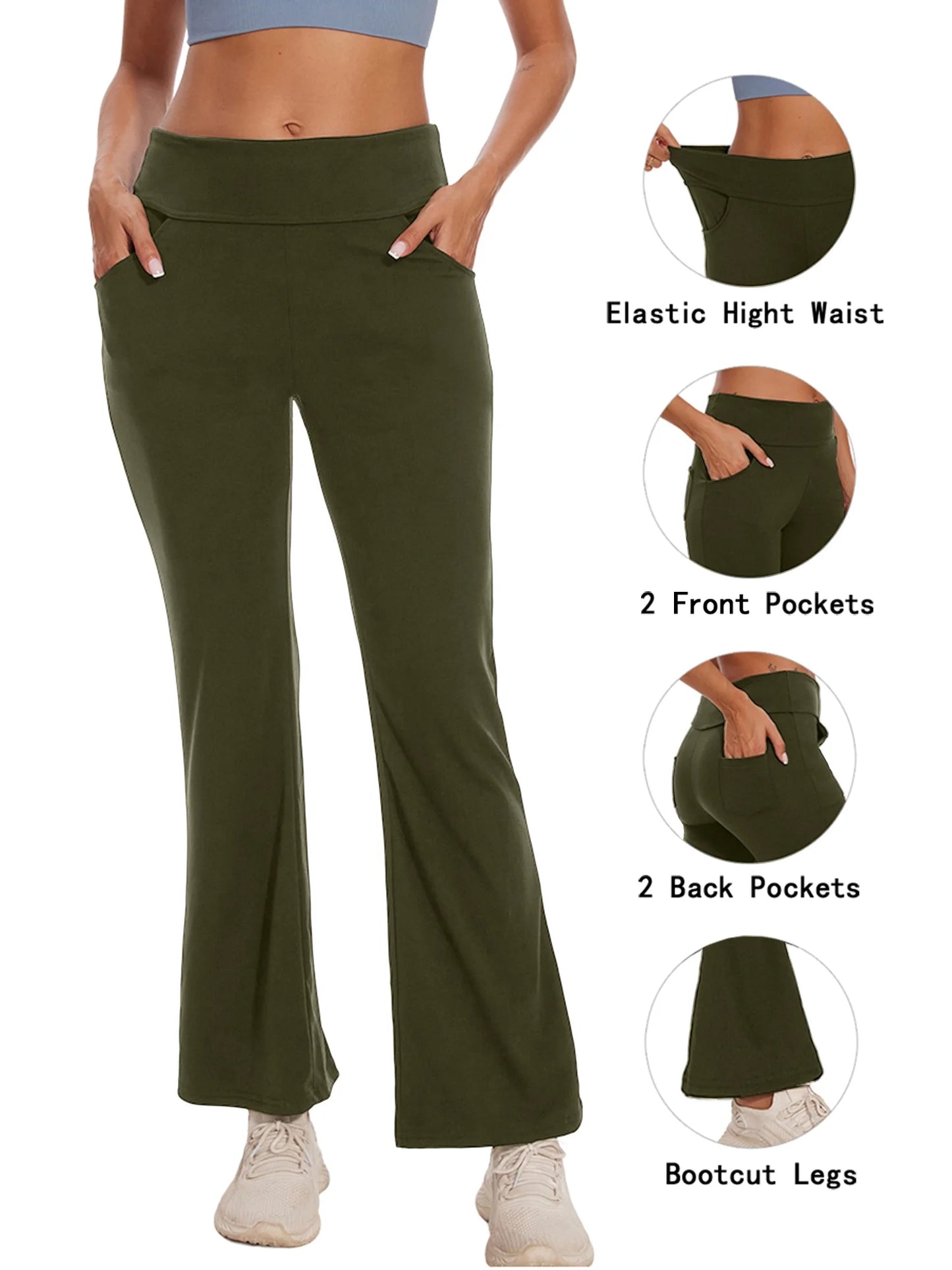 Womens Bootcut Yoga Pants Flare Legging with Pockets High Waist Lightweight Bottoms Workout Activewear Green XL